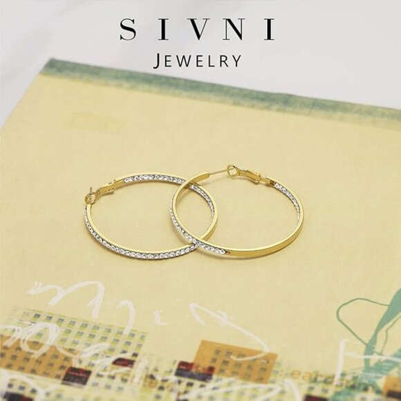 SIVNI 14K Gold Plated Sterling Silver Post Gold Hoop Earrings - Picture 2 of 8